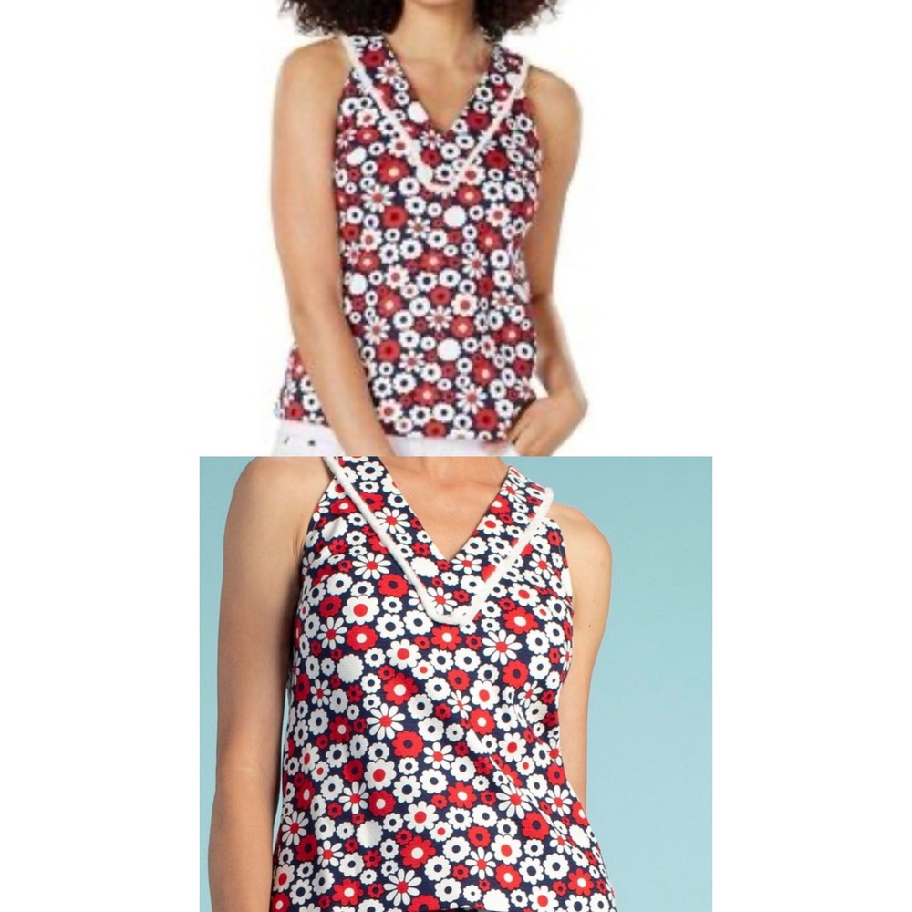 Trina Turk Womens Floral V-Neck Sleeveless Top Red White Navy Blue Size 12 NEW